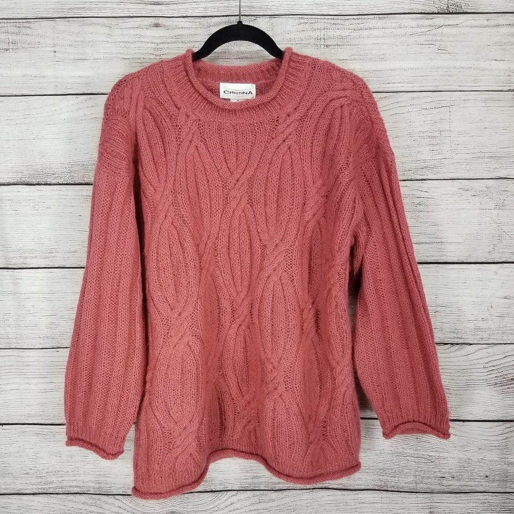Vintage Cristina Mohair Sweater Cable Knit Pullover Pink Women M